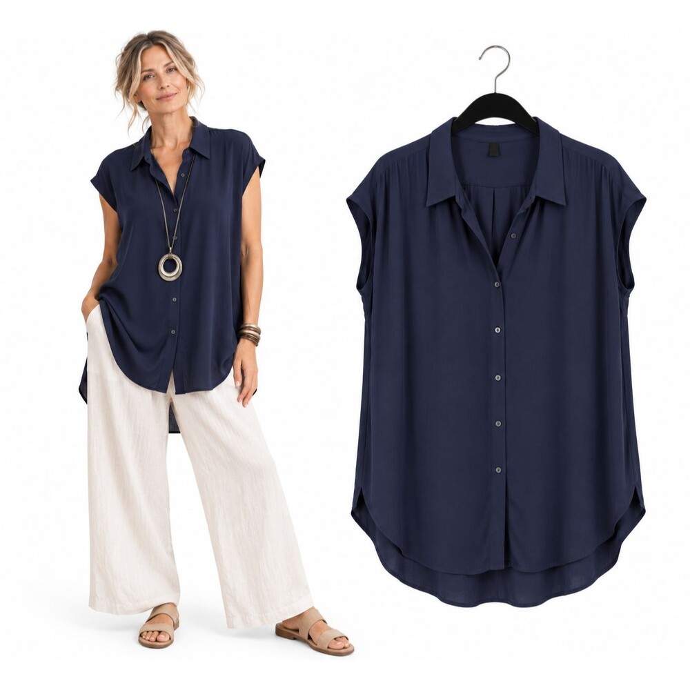 Eileen Fisher Button Front Tunic Top Size XL Blue Silk Short Sleeve Oversized